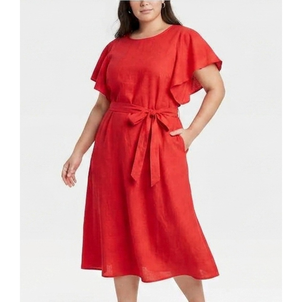 Red Linen Blend Midi Dress XXL Flutter Sleeve Belted Preppy Nautical Classic